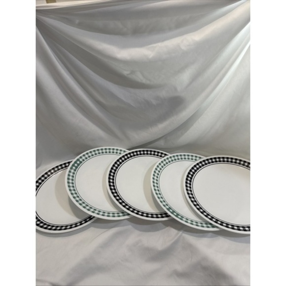 Set Of 5 Corelle‎ Gingham Checkered Black & Green Dinner Plates 10.25"